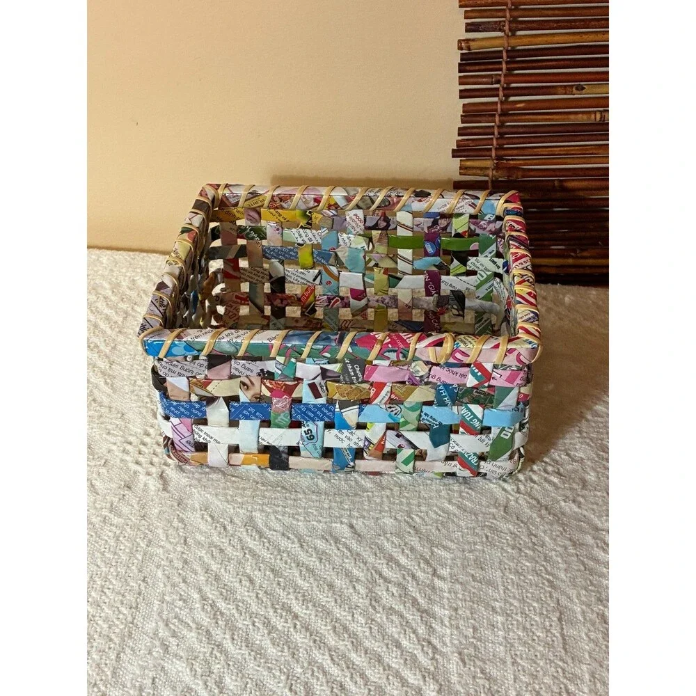 Handwoven Recycled Magazine Paper Basket Colorful Woven Storage Bin Eco Friendly